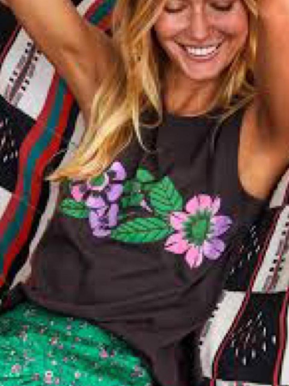 XiRENA Malibu Black Tank Top with Pink & Green Floral Print size small